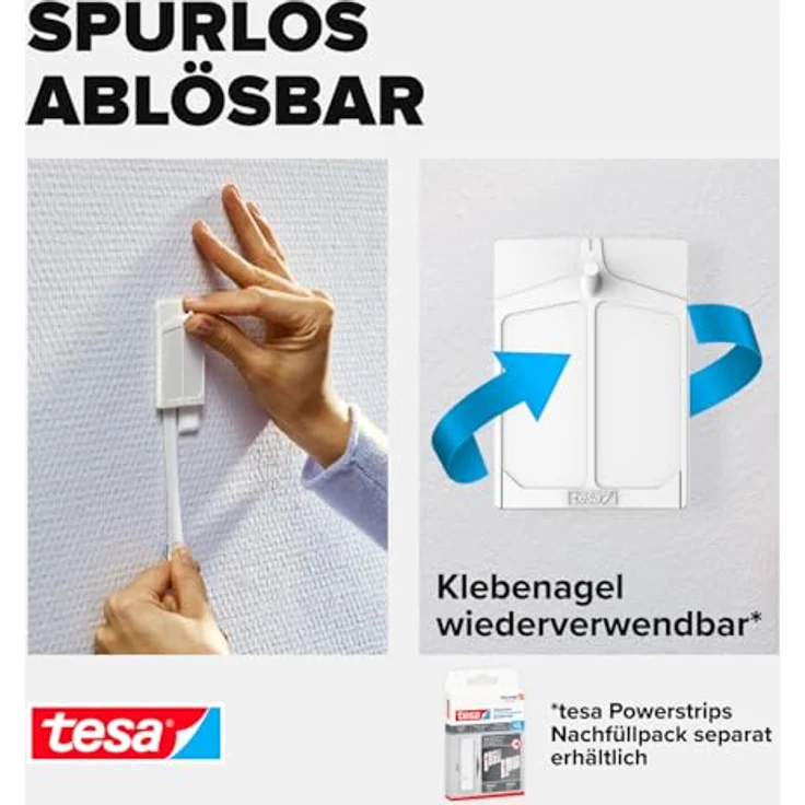 tesa Klebenagel für Tapeten und Putz - Selbstklebende Nägel für empfindliche Oberflächen - Leicht anzubringen und zu entfernen - rückstandslos - 2 x 2kg Halteleistung – Bild 6