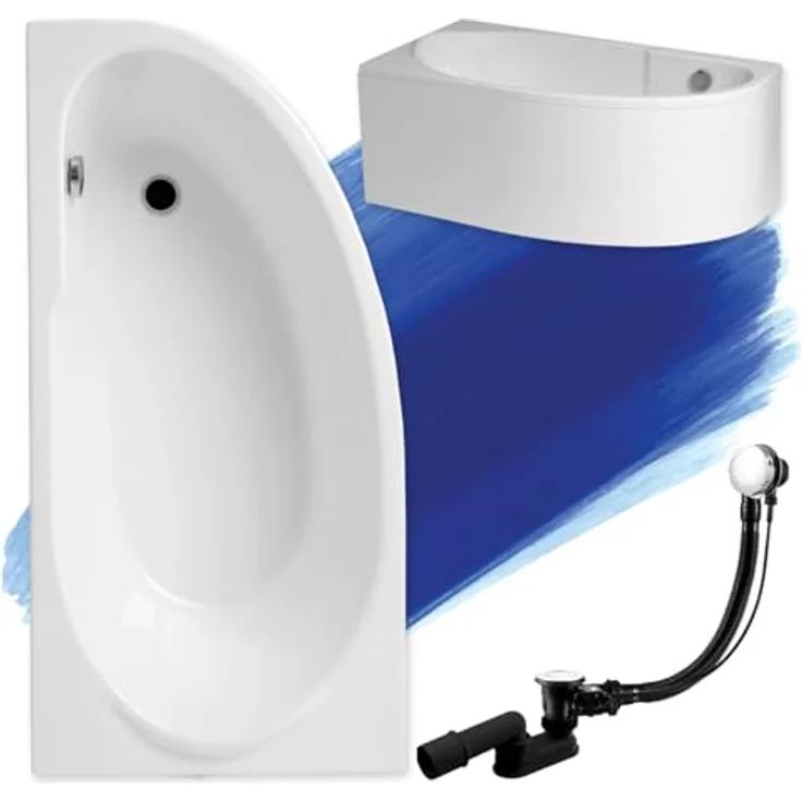 Polimat BADLAND MIKI Eckbadewanne, 140x70 cm, Weiß, Komplettset mit Acrylschürze, Füßen und Chrom Automatik Ablaufgarnitur, Made in EU – Bild 1