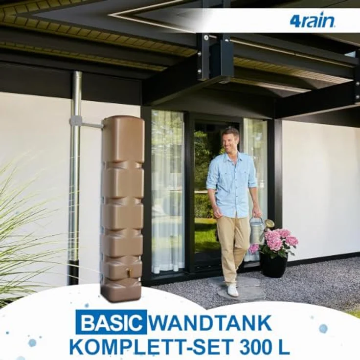 4rain Basic Regentonne Set 300 Liter, taupe, platzsparendes Design, wetterfest und langlebig, inklusive Fallrohrfilter und Auslaufhahn – Bild 2