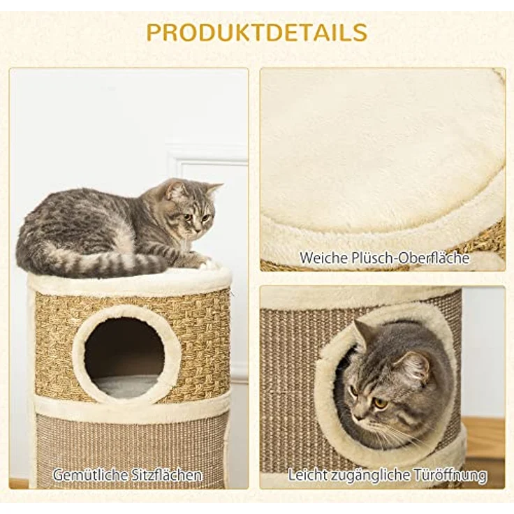PawHut Katzenkratzbaum Kratztonne für Katzen 3 Ebenen Katzenbaum Kletterbaum Katzenmöbel mit Sisal Plüsch 37,5 x 37,5 x 70 cm – Bild 5