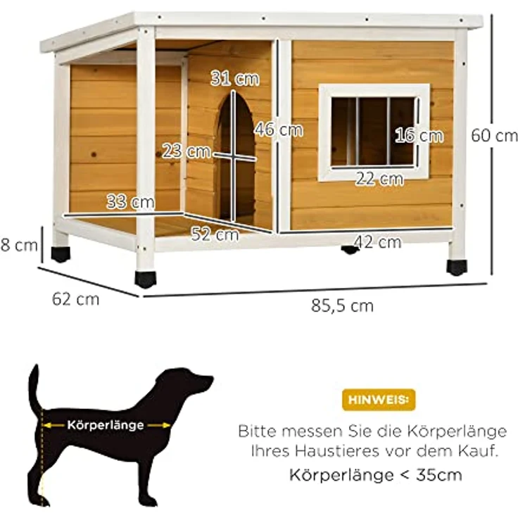 PawHut Hundehütte, Tannenholz, Hundehaus mit Terrasse und aufklappbarem Asphaltdach, Hütte für kleine Hunde, Indoor, Outdoor, wetterfest, Orange, 85,5 x 62 x 60 cm – Bild 3