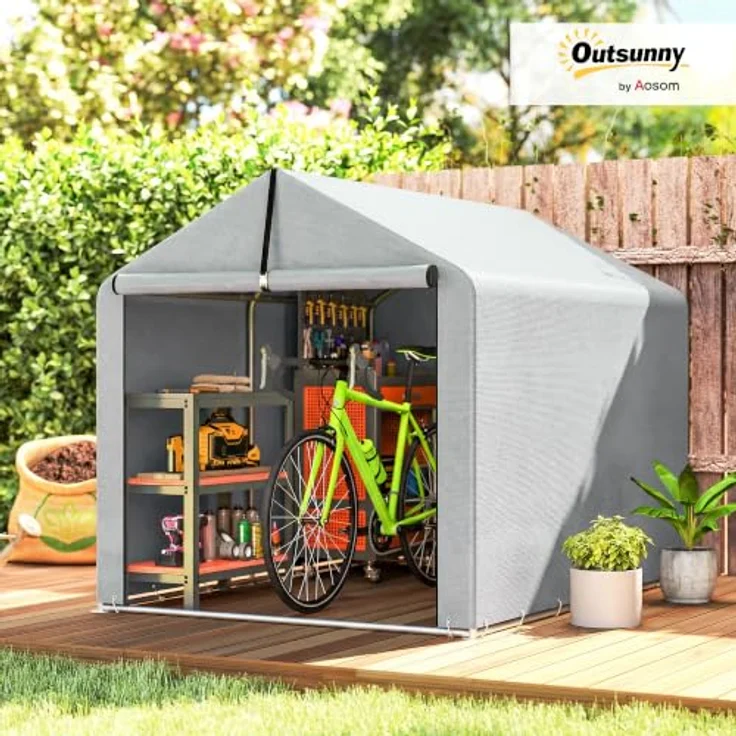 Outsunny Garagenzelt 2,2 x 1,6 m, wasserdichtes Gerätezelt mit Rolltür und Satteldach, hellgrau – Bild 2