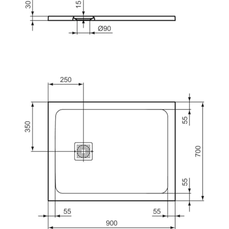 Ideal Standard T5604FS Rechteck-Brausewanne Ultra Flat S+, 900 x 700 mm, Mineralgusskern mit Antirutsch-Oberfläche, farbige Gelcoat Schicht in Natursteinstruktur – Bild 3
