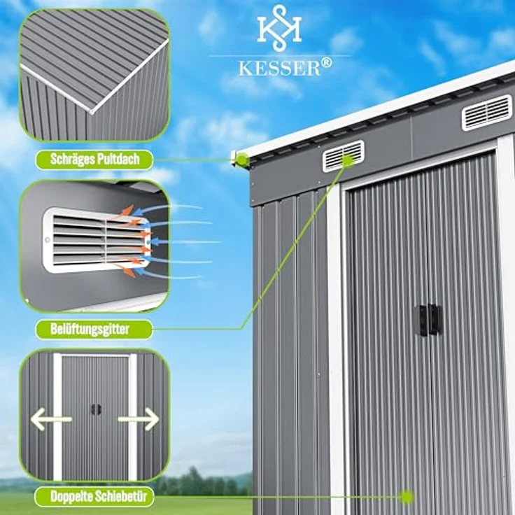 KESSER® Gerätehaus L Metall 4 m³ mit Fundament und 2X Schiebetür | 210x122x186 cm | Gartenhaus Schrank in Grau – Bild 2