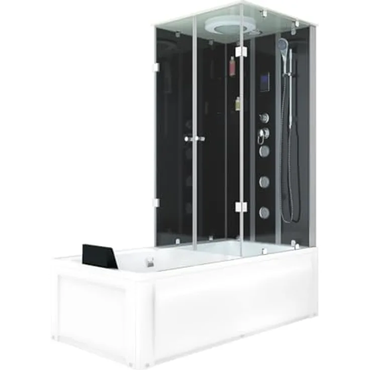 SeniorBad GmbH Dusche Wanne Kombination K05-L31-EC Duschkabine 180x90 cm in Schwarz mit Regendusche, Handbrause und Rückenmassagedüsen