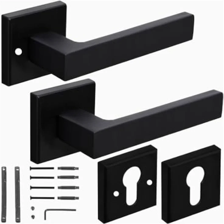 Generico 1 Paar Türgriffe für Innentüren, moderner schwarzer quadratischer Griff mit Design-Rosette, universal einsetzbar, inklusive Befestigungsset für rechts/links – Bild 1