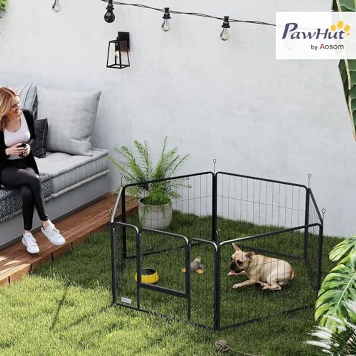 PawHut Welpenauslauf 6-TLG. Stahl mit Tür, 60 cm hoch, Freilaufgehege für kleine Hunde, grau – Bild 2