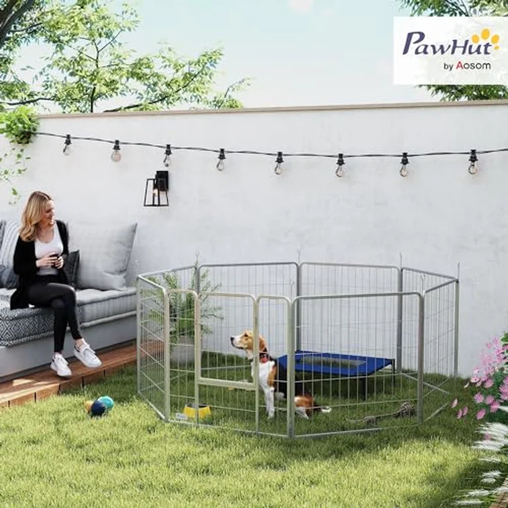 PawHut Welpenlaufstall, 8-TLG Freilaufgehege aus rostfreiem Stahl, 80 cm hoch, flexibel konfigurierbar mit Einwegtür und Erdspießen für drinnen und draußen – Bild 2