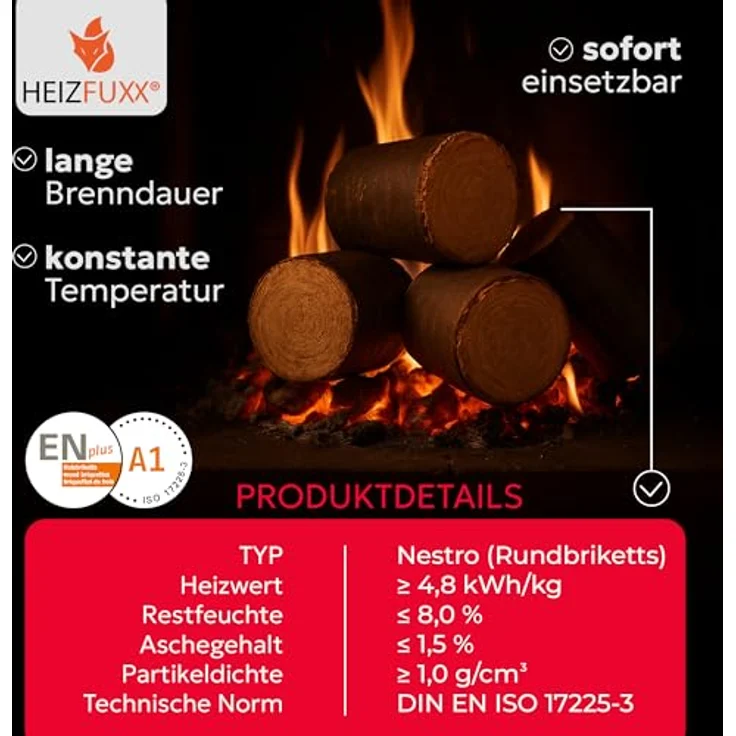 HEIZFUXX Nestro XL Red, Hartholzbriketts 10kg x 96 Gebinde, CO₂-neutral für effizientes Heizen, praktische Lagerung – Bild 5