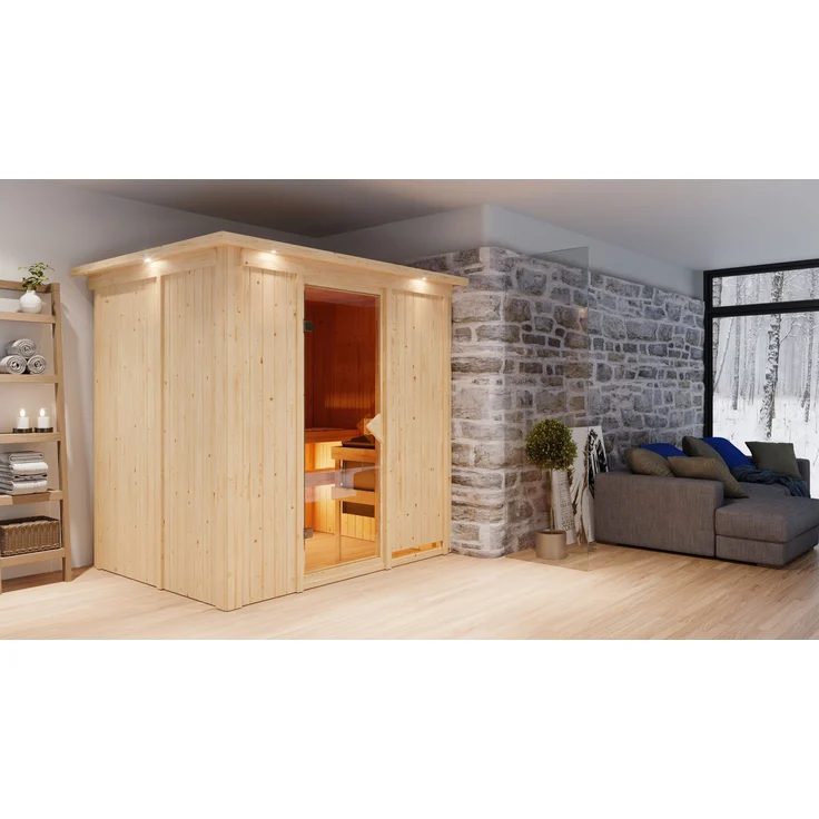 Karibu Sauna Innensauna Bodin Fronteinstieg 9 KW Ofen externe Steuerung 210x165x202 cm mit Dachkranz und Bronzierter Tür