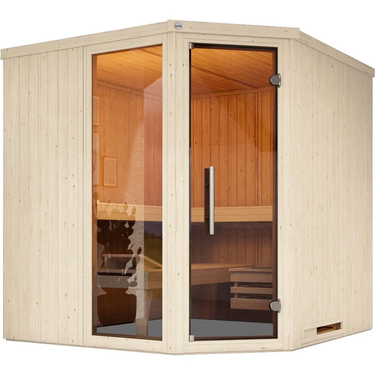 Weka Sauna Element-Ecksauna VARBERG 3, BxTxH: 194 x 194 x 199 cm, 38 mm, moderne Ganzglastür, bodenl. Fensterelement, weiß lasiert