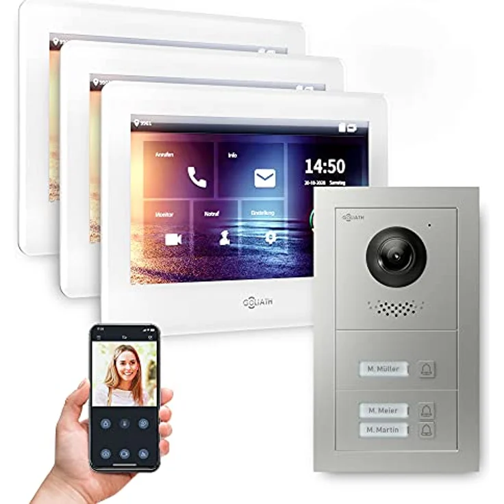 Goliath Intercom GL-HB300 2-Draht BUS Video-Türsprechanlage, Silber, HD-Kamera, Smartphone App, 3 Monitore, Fingerabdruck-Scanner, bis zu 50.000 Bilder – Bild 1