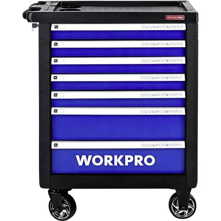WorkPro WP209074, 7-Schubladen Werkstattwagen mit 193-teiligem Werkzeugset, rot
