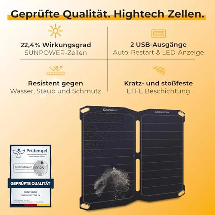 Sunny Bag Sunbooster 14, tragbares Solarpanel mit 14 W Leistung, 2 USB-Ausgängen, faltbar und wasserfest – Bild 3