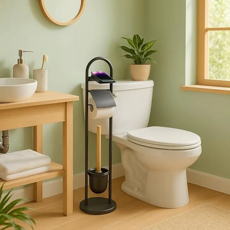 Relaxdays WC-Garnitur, Rollenhalter mit Ablage & Bürstenhalter, freistehend aus Eisen und Bambus, schwarz/Natur, HxBxT: 79 x 21,5 x 21,5 cm – Bild 1
