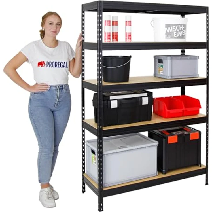 Proregal Schwerlastregal Rivet, 5 Böden, Traglast 250 kg pro Ebene, Schwarz, H 180 x B 120 x T 45 cm – Bild 3