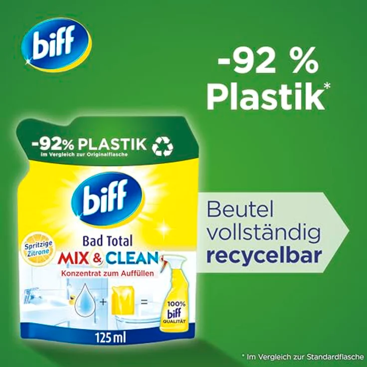 biff Bad Total Mix & Clean Konzentrat Zitrus, 125 ml Badreiniger - kraftvoll gegen Kalk & Verschmutzungen, 92% weniger Plastik, recycelbare Verpackung – Bild 4