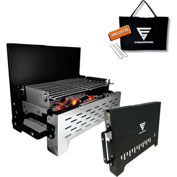 SCHNEIDERFREUDE Klappgrill 2.0, Höhenverstellbarer Holzkohle-Camping-Grill mit Doppelfunktions-Zangen & Tragetasche, DEKRA-geprüft