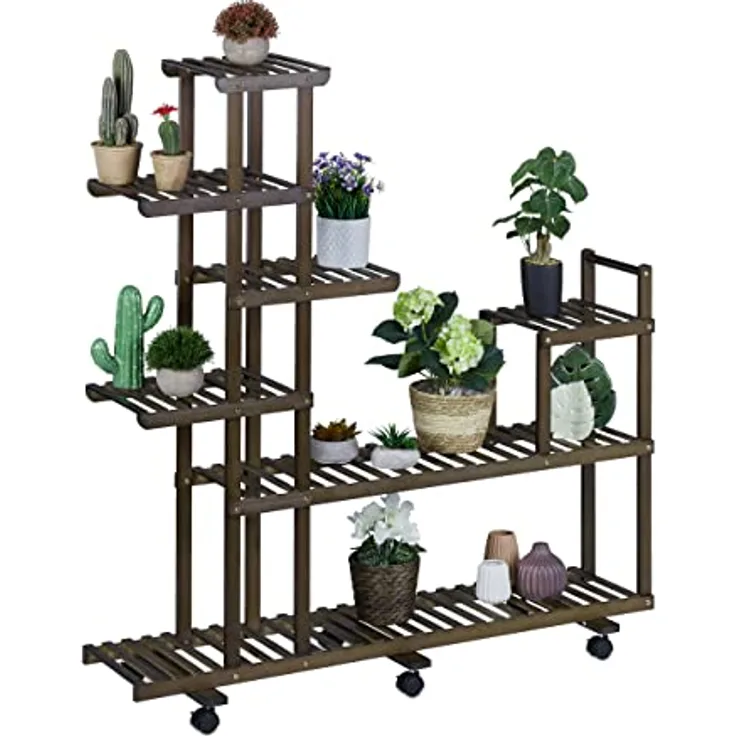 Relaxdays Pflanzenregal, Blumenständer mit 7 Ablagen, Bambus, HxBxT 127 x 120 x 36 cm, rollbar, Blumenregal innen, braun