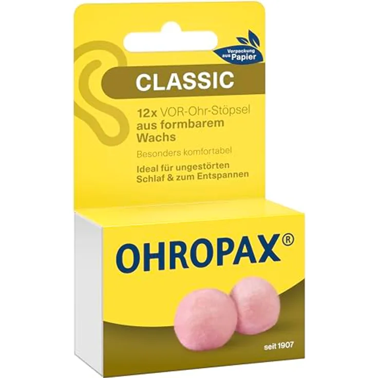 OHROPAX Classic Gehörschutzstöpsel, 12 Stück aus Wachs, hohe Schalldämmung SNR 21 dB, VOR-Ohr-Stöpsel für Schlaf und Entspannung