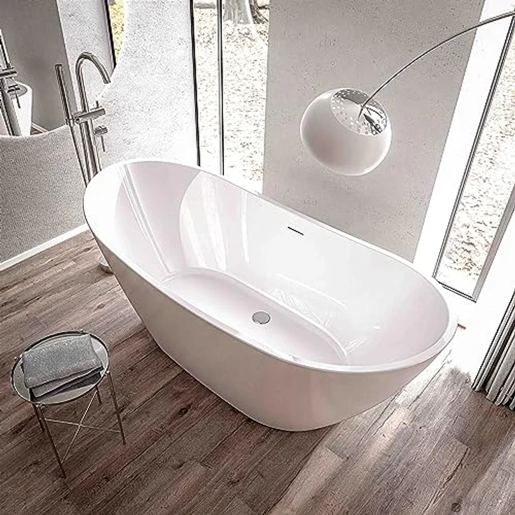 Bernstein BELLAGIO 2.0, Freistehende Badewanne aus weiß glänzendem Acryl, 170x78 cm, doppelwandig, mittiger Ablauf – Bild 3