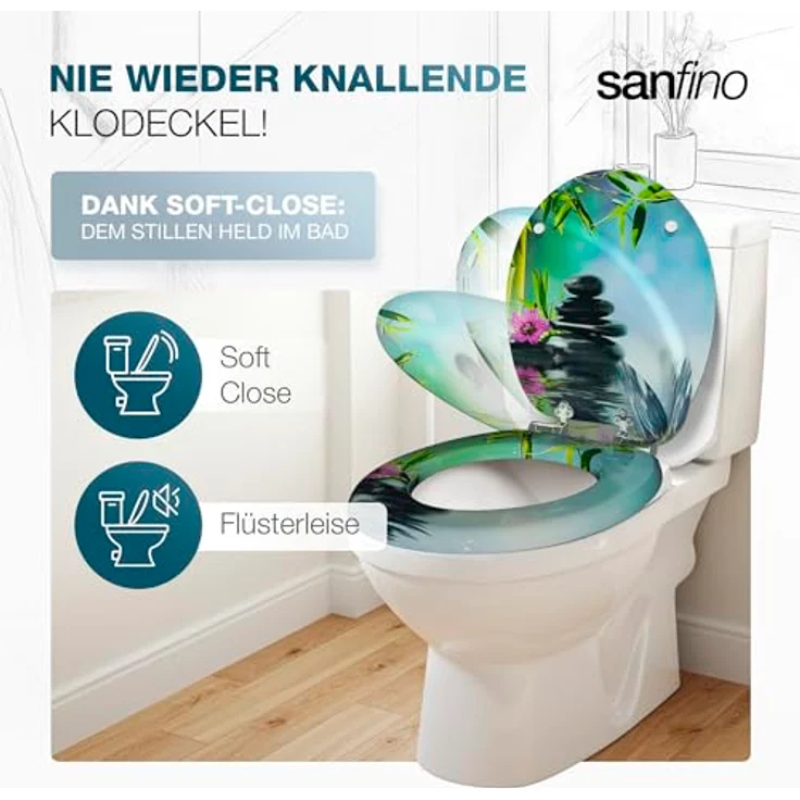 Sanfino WC Sitz Asia ll, Toilettendeckel aus Holz mit Absenkautomatik, türkis-blaues Design mit Motiv, verchromte Metallscharniere – Bild 2