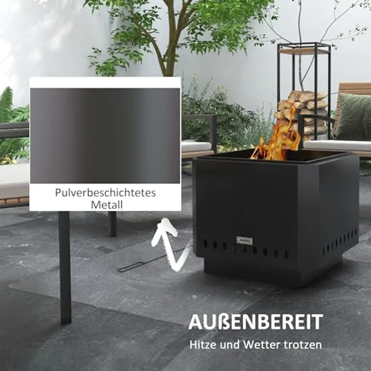 Outsunny Feuerschale, quadratischer rauchfreier Feuerkorb mit Schürhaken, Tischfeuer für Garten, Camping, Terrasse, Metall, Schwarz – Bild 4