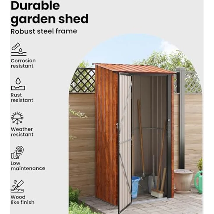 vidaXL Gartenhütte Braun 103 x 74 x 200 cm, wetterfeste Metallhütte mit viel Stauraum für Gartenwerkzeuge und Zubehör – Bild 5