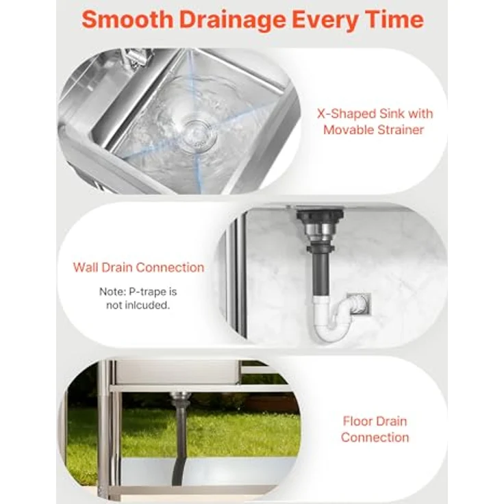 VEVOR Edelstahl Spültisch mit Wasserhahn & Ablage, 120 x 50 x 94 cm, Multifunktionsspüle für Garage, Restaurant und Garten – Bild 5