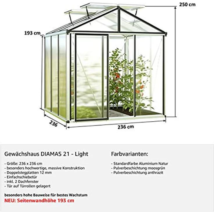 GFP Gewächshaus Diamas 21 Light 235x235 cm mit integriertem Fundament 12 mm Doppelstegplatten, Farbe Aluminium Natur - Made in Austria – Bild 3