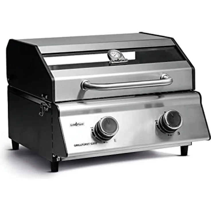Grillfürst Camping Gasgrill G201E - 2-Brenner Edelstahl Balkon Gasgrill mit Sichtscheibe, Kleiner Outdoor Tisch-Gasgrill, doppelwandiger Gas Griller mit Druckregler