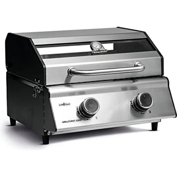 Grillfürst Camping Gasgrill G201E - 2-Brenner Edelstahl Balkon Gasgrill mit Sichtscheibe, Kleiner Outdoor Tisch-Gasgrill, doppelwandiger Gas Griller mit Druckregler – Bild 1