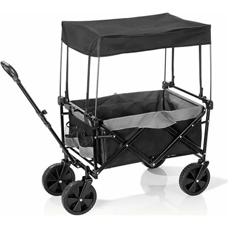 EASYmaxx Bollerwagen mit Dach faltbar, klappbarer Handwagen bis 80 kg belastbar, kompaktes Design, ausziehbarer Teleskopgriff, 360° Vorderräder, Schwarz