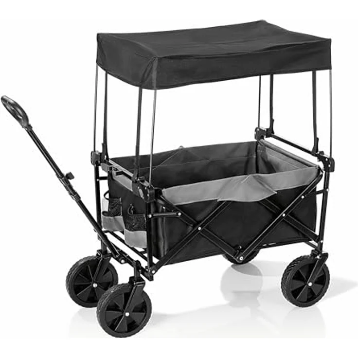 EASYmaxx Bollerwagen mit Dach faltbar, klappbarer Handwagen bis 80 kg belastbar, kompaktes Design, ausziehbarer Teleskopgriff, 360° Vorderräder, Schwarz – Bild 1