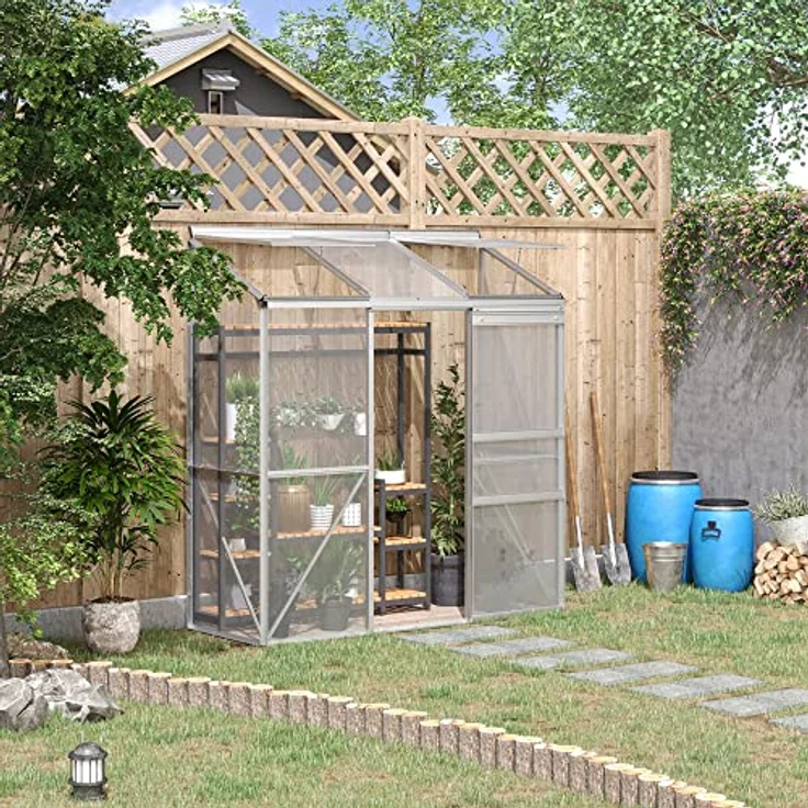 Outsunny Gewächshaus, Treibhaus mit Schiebetür, Aufklappbare Dachfenster, Tomatenhaus, Pflanzenhaus für Garten, aus Polycarbonat und Alu, Silber, 192 x 68 x 196 cm - Preisvergleich – Bild 2