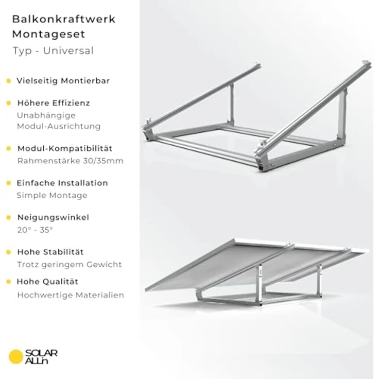 smartEC SOLAR ALLin Universal Montage-Set für Solarmodule - Befestigungssystem für PV-Anlage Balkonkraftwerk flexibel einsetzbar - Höhere Anlagen-Effizienz durch Flexible Ausrichtung - 30 & 35mm Rahmenstärke - Einfache Montage - Geringes Gewicht - Hohe Stabilität – Bild 2