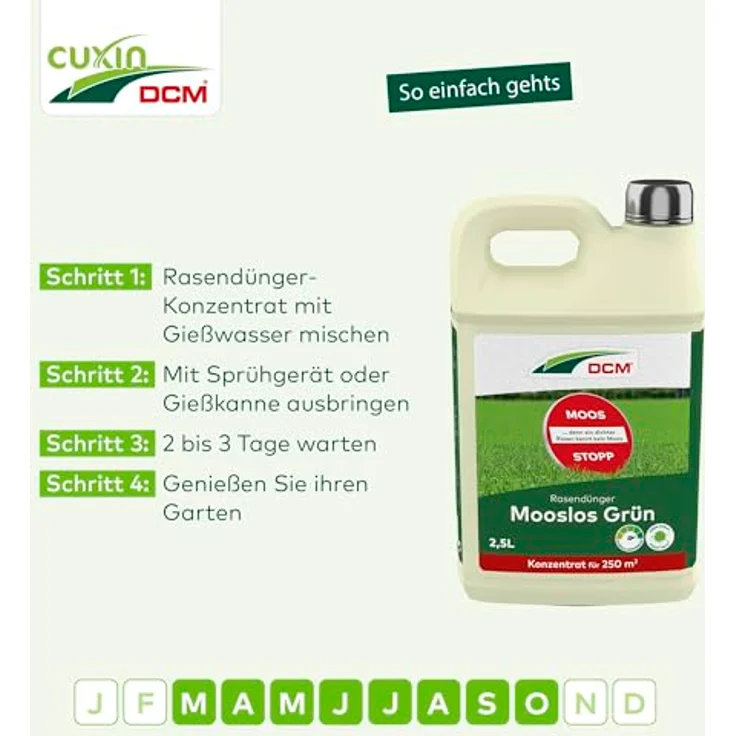 Cuxin DCM Mooslos Grün, flüssiger Rasendünger mit schneller Nährstoffversorgung für 250 qm, 2,5l – Bild 5