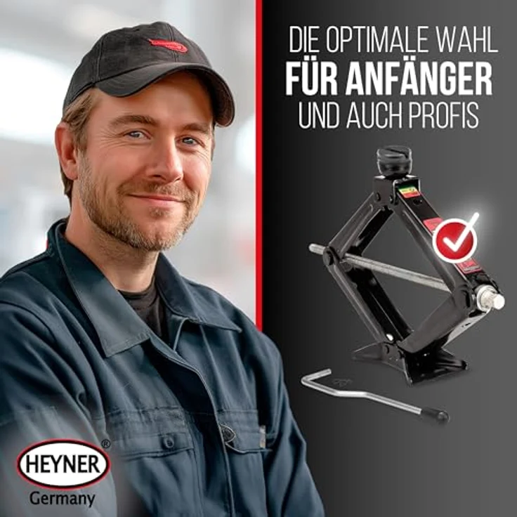 HEYNER® MultiLift L PRO Scherenwagenheber, 2t Traglast, Hubhöhe 105–450mm, runder Sattel mit austauschbarem Gummipad, inkl. Kurbel, GS-geprüft, schwarz – Bild 2