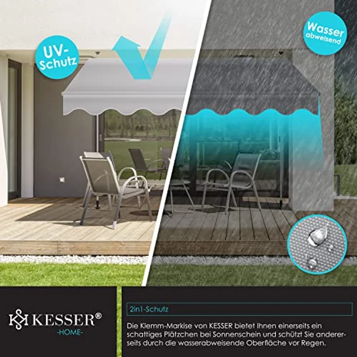 KESSER Klemmmarkise mit Handkurbel Balkon, Balkonmarkise ohne Bohren, UV-beständig höhenverstellbar wasserabweisend , Sonnenschutz, Terrassenüberdachung , einfache Montage Grau, 350cm – Bild 4