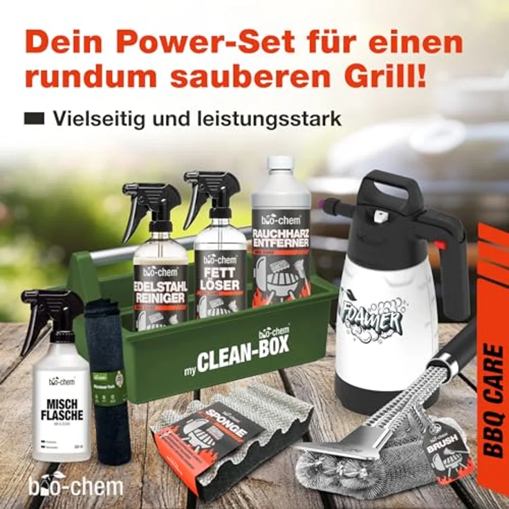bio-chem Grill Reinigungsset 9-teilig, inkl. Rauchharzentferner 1L, Fettlöser und Edelstahlreiniger, umfassende Reinigungslösung für Edelstahl, Gusseisen und Aluminium – Bild 2