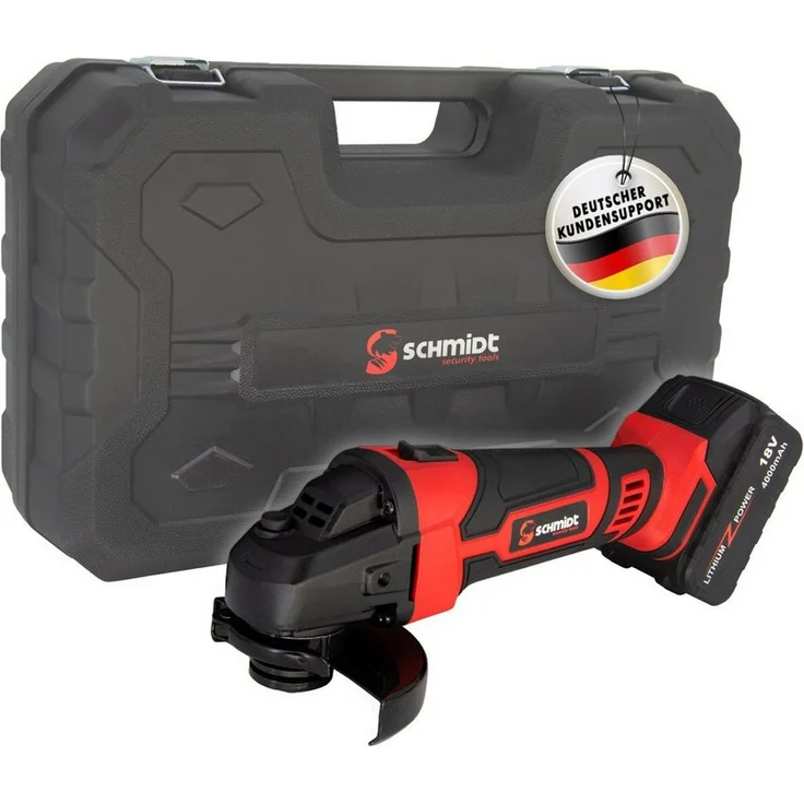 SCHMIDT security tools Akku-Winkelschleifer AG-115 Trennschleifer 4.0Ah Koffer, Schwarz-Rot, 8.000 U/min Drehzahl, 18V Lithium-Ionen – Bild 1
