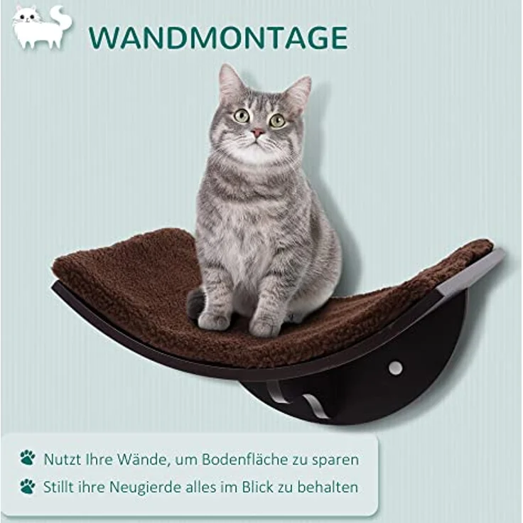 Pawhut Katzenliege Katzen Wandliege Katzenbett Katzenregal Wandmontage Plüschauflage MDF Braun 41 x 28 x 21 cm – Bild 4
