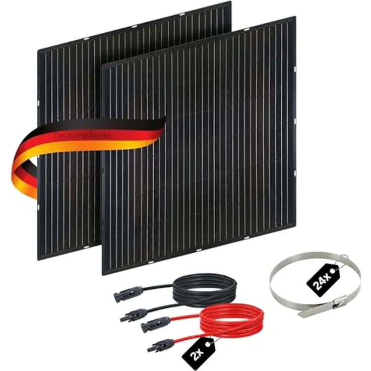Schwaiger Solarmodul Glas Slim-Line 2er Set, 400Wp dünnes rahmenloses Photovoltaik-Solarpanel für Balkon und Garten, inkl. Verlängerungskabel und Edelstahlkabelbinder