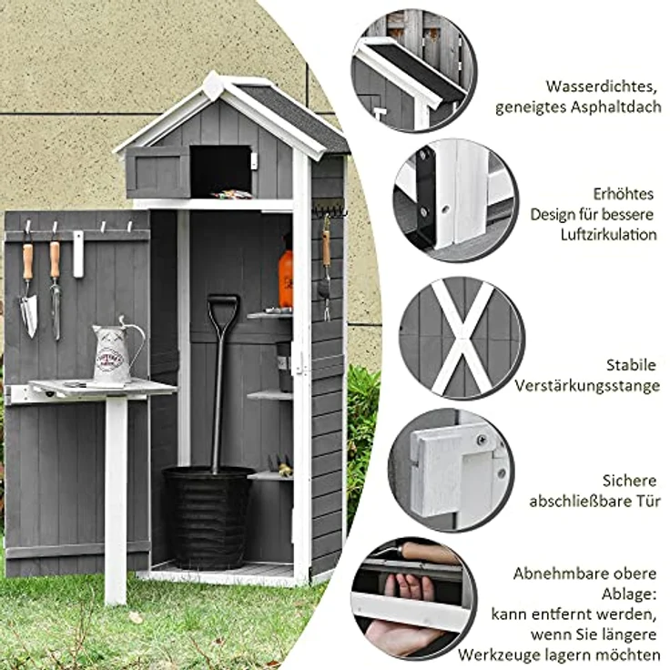 Outsunny Gartenschrank Holz Gerätehaus mit Tür Dach Geräteschuppen mit Hacken Gartenlagerschrank Faltbarer Tisch Outdoor Grau 78 x 52,5 x 182 cm – Bild 4