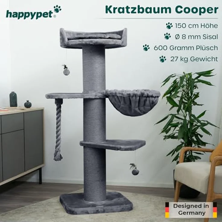 HAPPYPET Premium Kratzbaum Grosse Katzen Stabil 'Cooper' – Katzenbaum, Kletterbaum, für Maine Coon, Natursisal, Dicke Stämme mit 20 cm, 150 cm Hoch, Grau - Preisvergleich – Bild 2