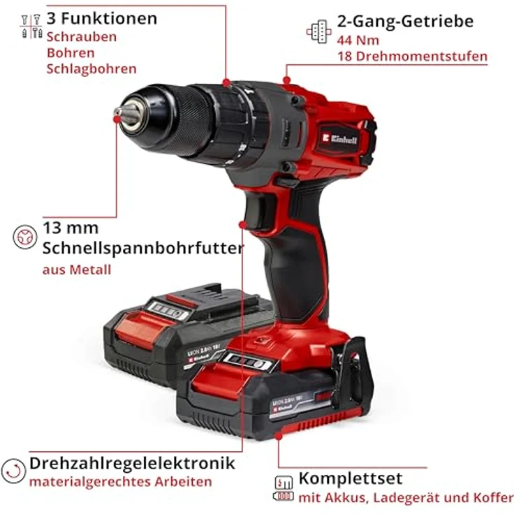 Einhell Akku-Schlagbohrschrauber TE-CD 18-2 Li-i (2x2,0 Ah) – Bild 4