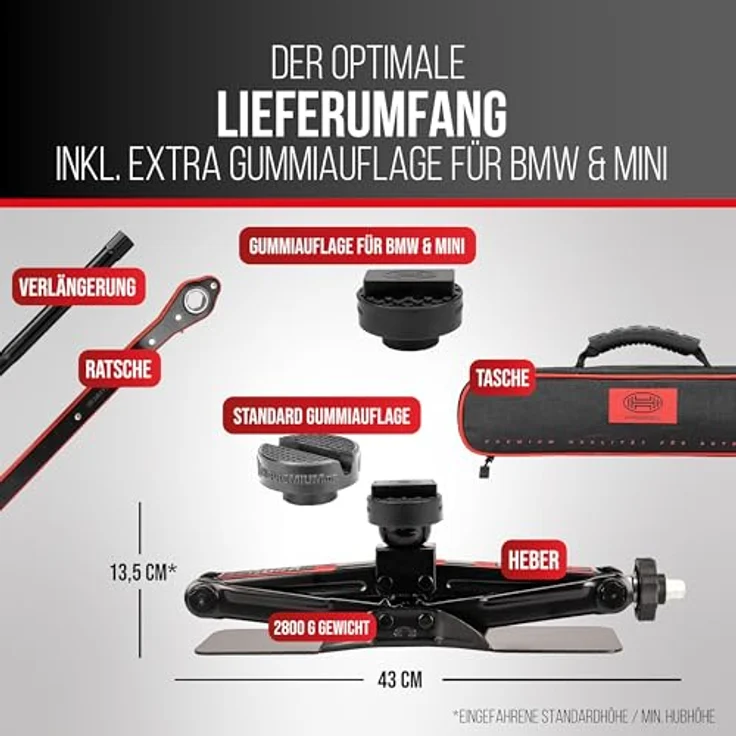 HEYNER® Scherenwagenheber Set 1,5 t für BMW 3er G20, Hubhöhe 112-395 mm, runder Sattel mit Gummiauflage, inkl. Ratsche, 17er Nuss, Drehknauf, großer Standfuß & Tasche – Bild 4