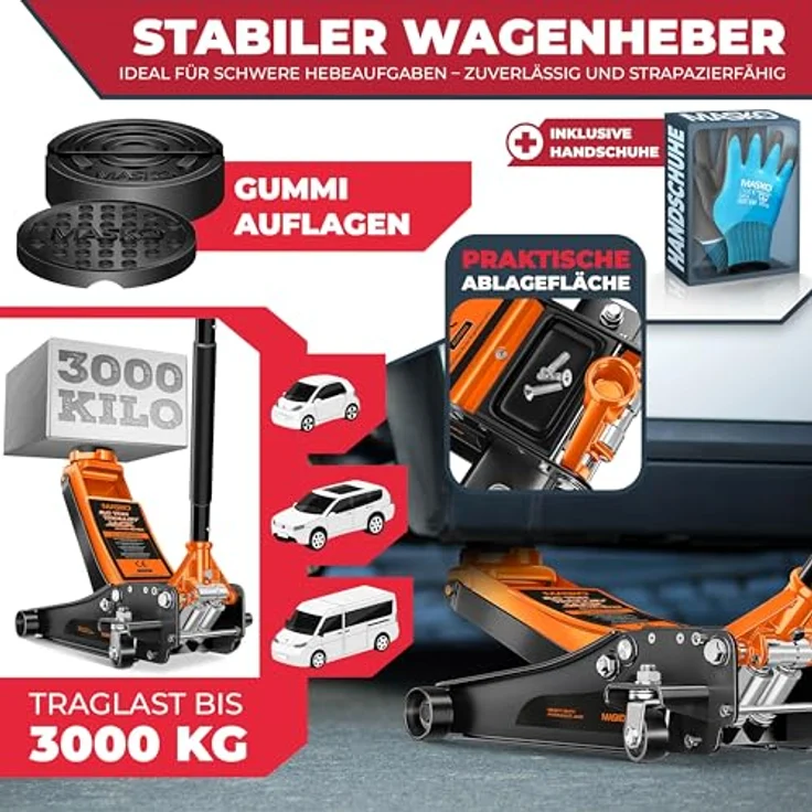 Masko Wagenheber hydraulisch 3 Tonnen Flache Hubhöhe + 2x Gummiauflage + Handschuhe KFZ Rangierwagenheber hydraulischer 360° Rollen Heber Unterstellbock – Bild 3