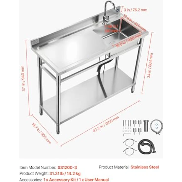 VEVOR Edelstahl Spültisch mit Wasserhahn, Einzelbecken (120 x 50 x 94 cm), 3-in-1 Multifunktionsdesign für Küche, Garage & Restaurant, verstellbare Ablage – Bild 7
