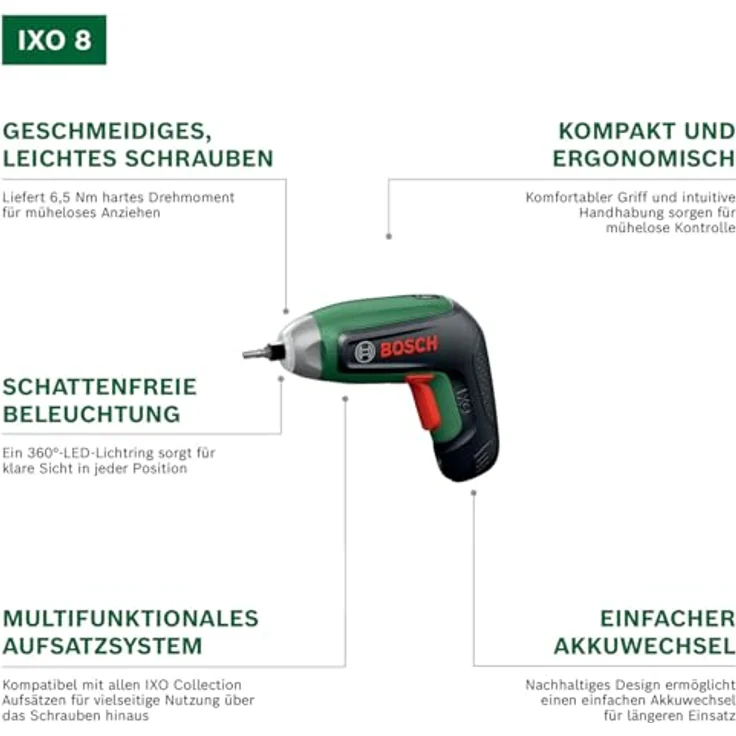 Bosch IXO 8 (C) Akkuschrauber, 4V mit 10-teiligem Bitset, multi-funktional einsetzbar, 360-Grad-LED-Lichtring – Bild 3